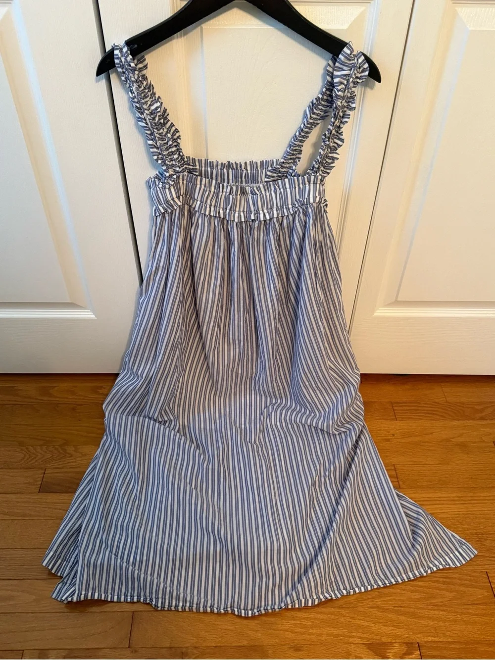 J.Crew Cotton Voile Ruffle Trim Shift Midi Dress in Blue and White Pinstripes